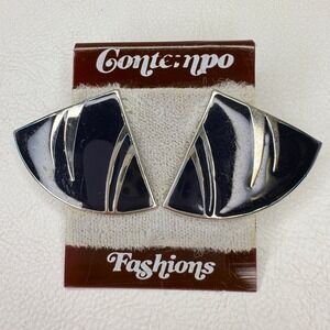 Contempo‎ Fashions Vintage 80s Clip On Earrings Black Silver Tone Geometric
